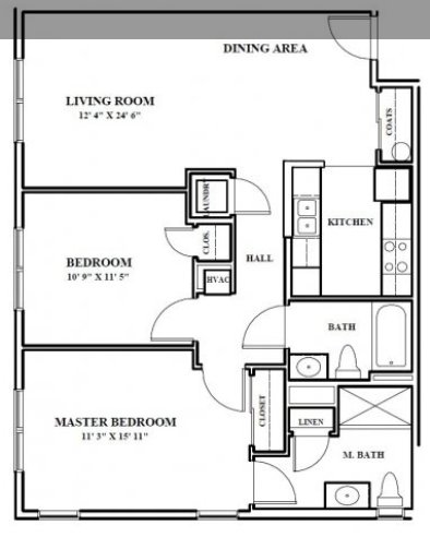 Floor plan for 2 beds, 2 baths, 1003 sqft